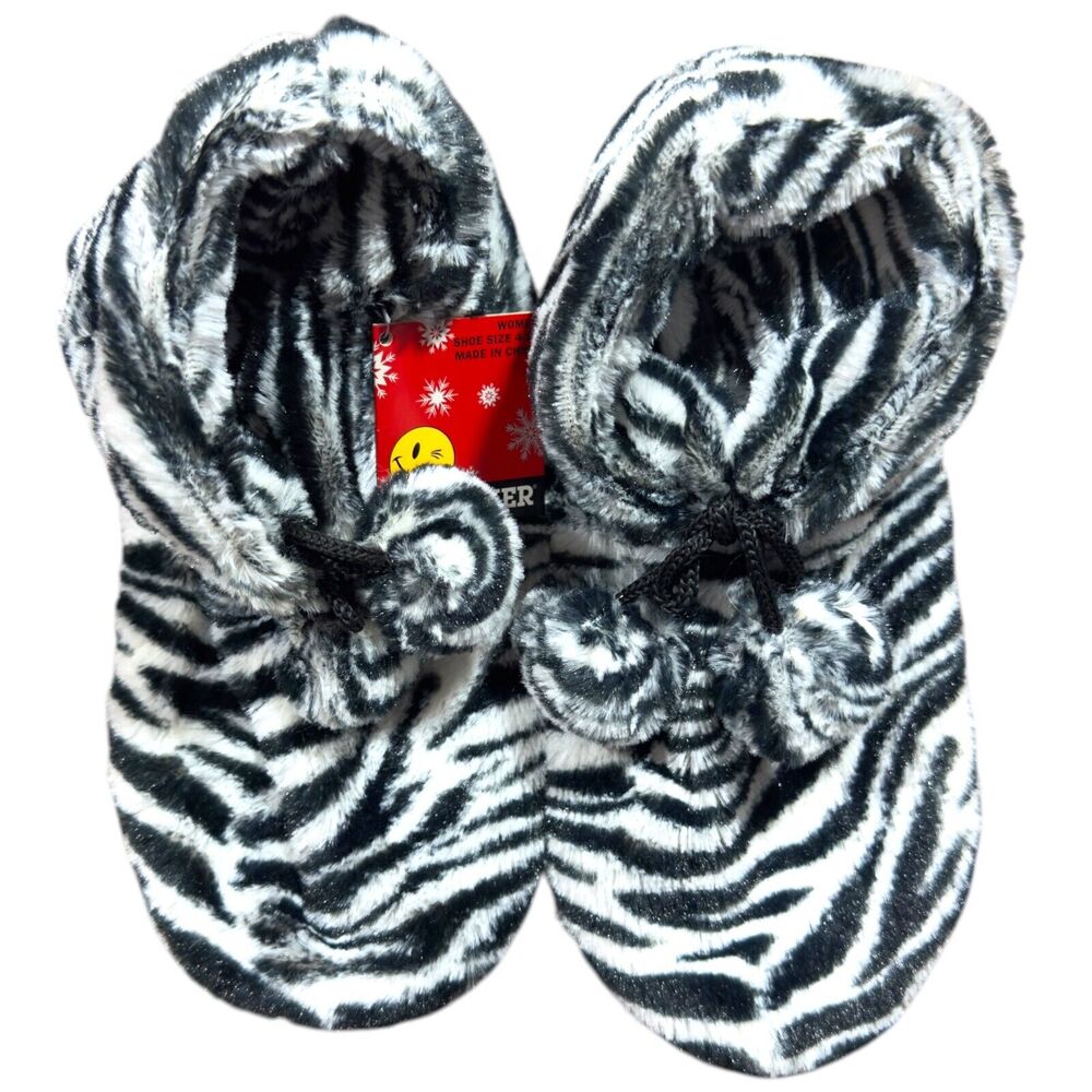 Joe Boxer Slippers Women's 4-10 Black White Faux Fur Zebra Print Warm Round Toe